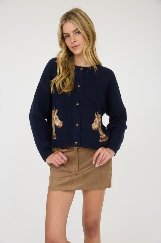 Horse Jacquard Long Sleeve Button Down Cardigan