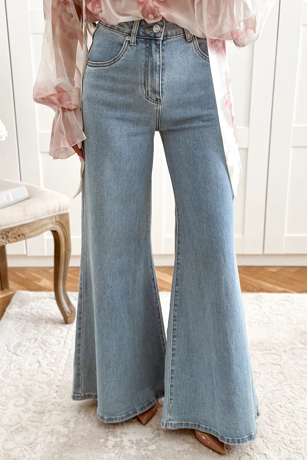 Beau Blue Button Zip Fly High Waist Flared Hem Jeans