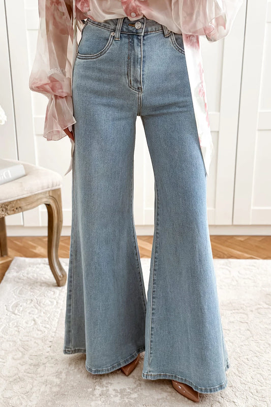 Beau Blue Button Zip Fly High Waist Flared Hem Jeans