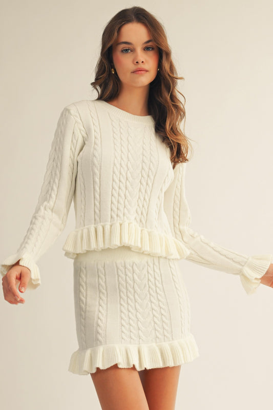 Soft Cable Knit Ruffled Sweater And Skirt Set preorder 12/1