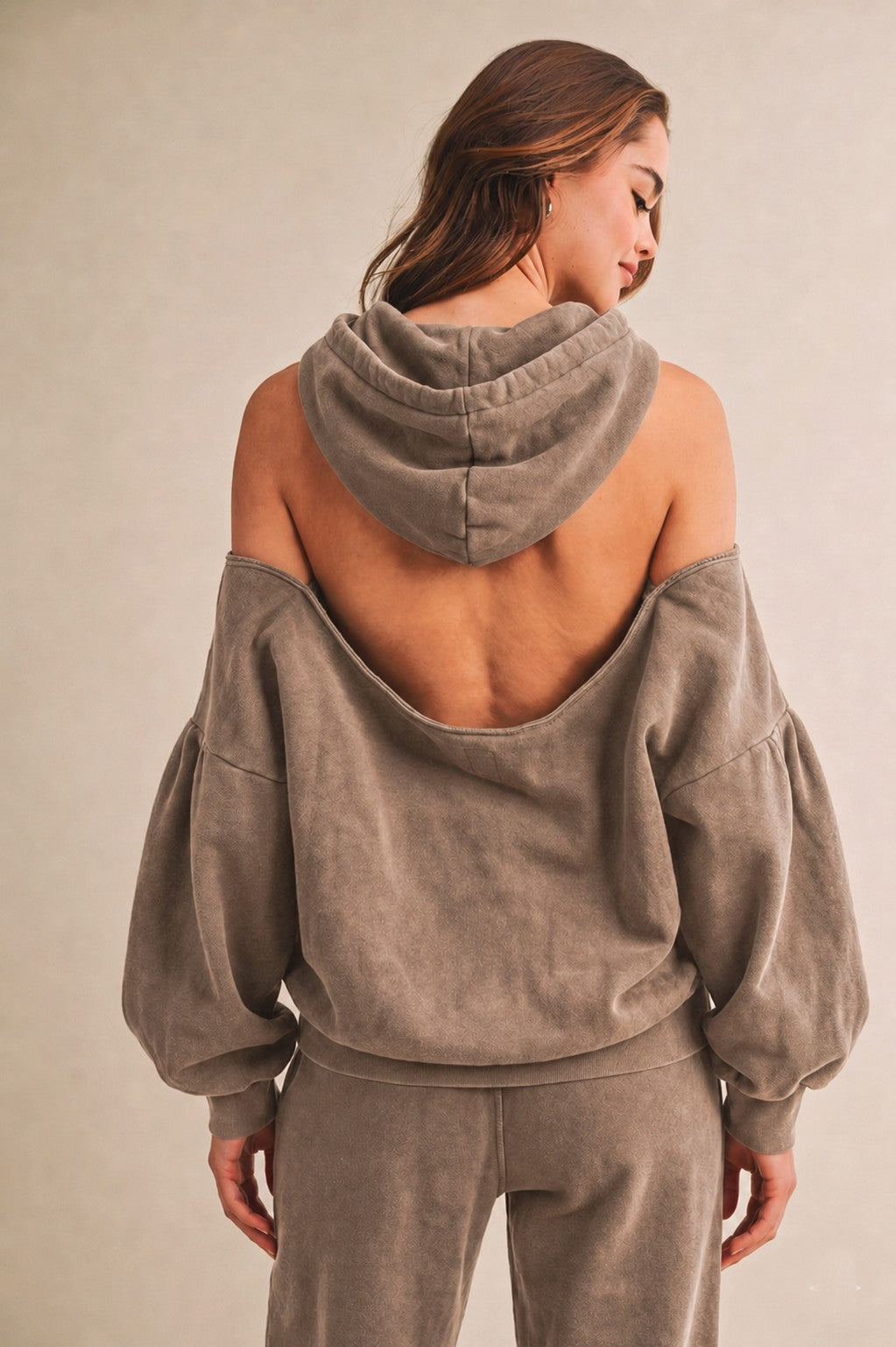 Washed Oversized Drawstring Hood Shoulder And Back Cut-out