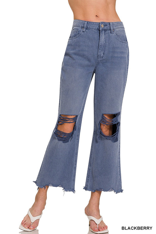 Washed Distressed Knee And Hem Cropped Pants