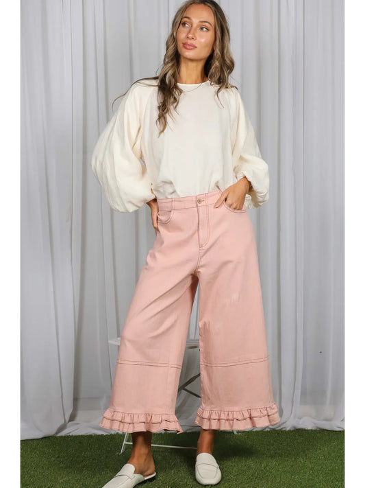 Casual Ruffle Hem Stone Wash Cropped Denim Pants