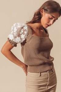 FLORAL LACE PUFF SLEEVE SQUARE NECK KNIT SWEATER PREORDER 5/10