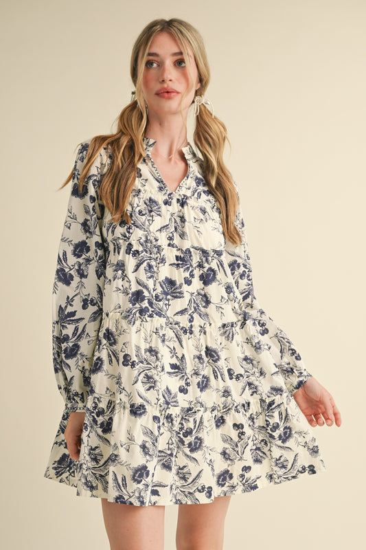 Ivory And Navy Floral Dress