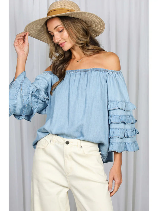 Off the Shoulder 4Tiers Ruffle Sleeve Chambray Top