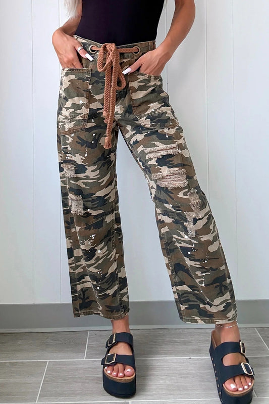 Braided Rope Tie Waist Distressed Camo Pants