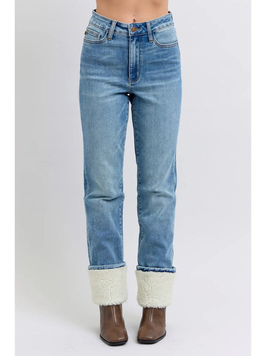 Judy Blue High Waisted Shearling Cuff Straight Denim