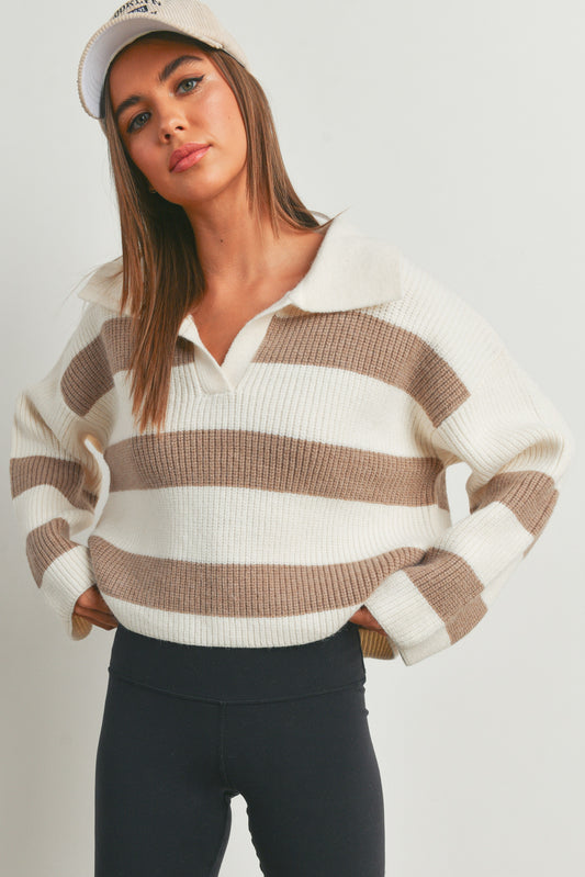 Ivory and Taupe Striped Collard Sweater