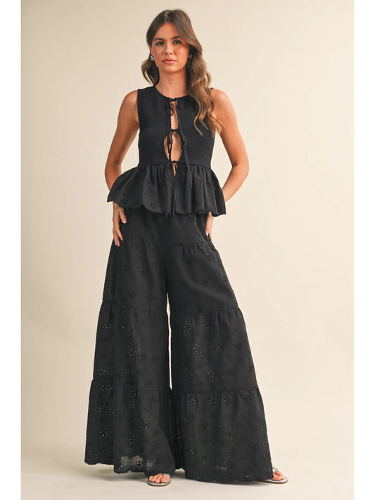 Eyelet Smocked Peplum Top Tiered Wide Leg Pants