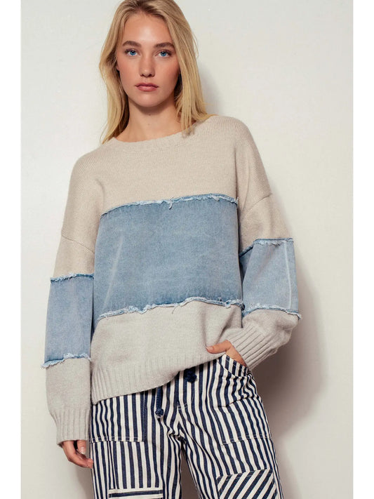 Colorblock Distressed Denim Patchwork Knit Sweater