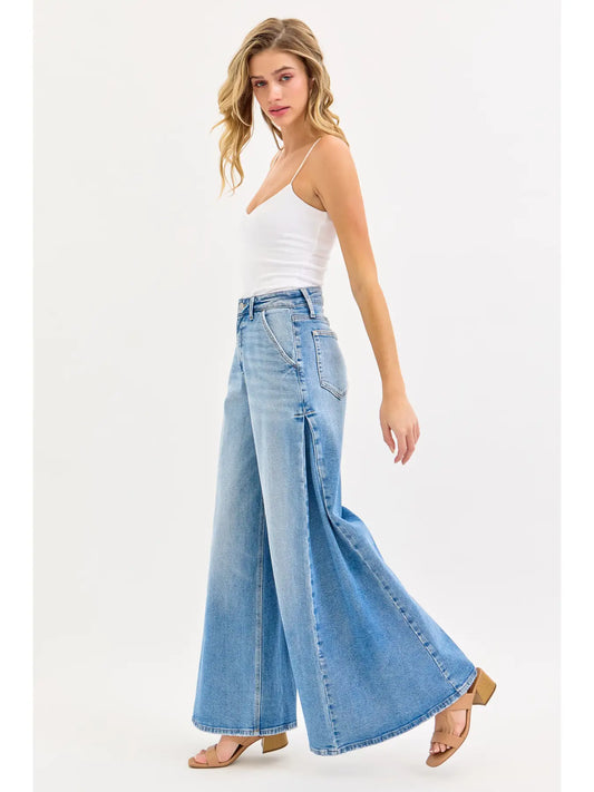 High Rise Wide Leg with Side Triangular Tuck Jean
