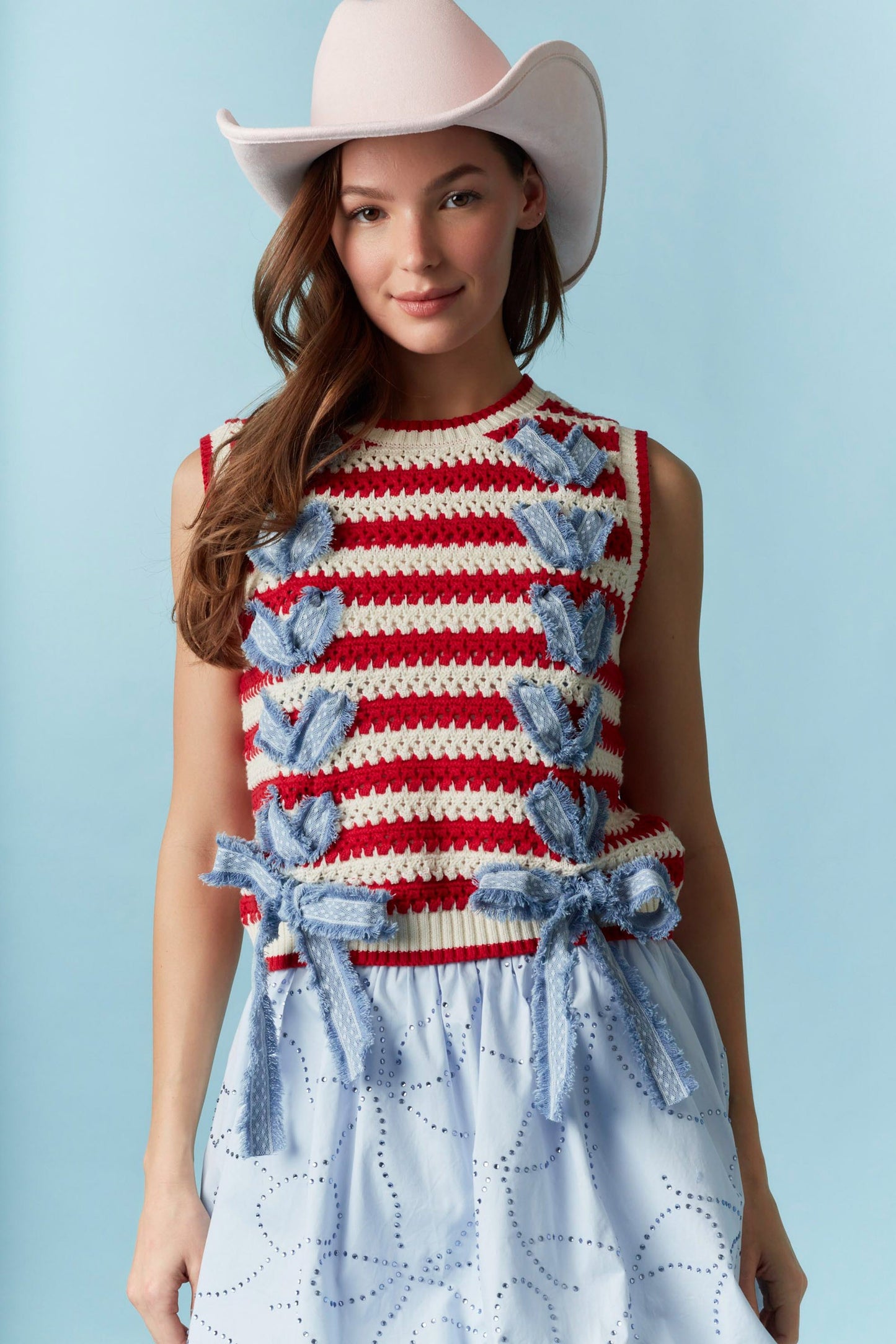Red and white striped Denim Ribbon Sweater