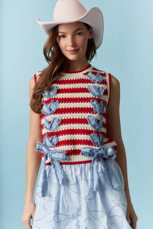 Red and white striped Denim Ribbon Sweater