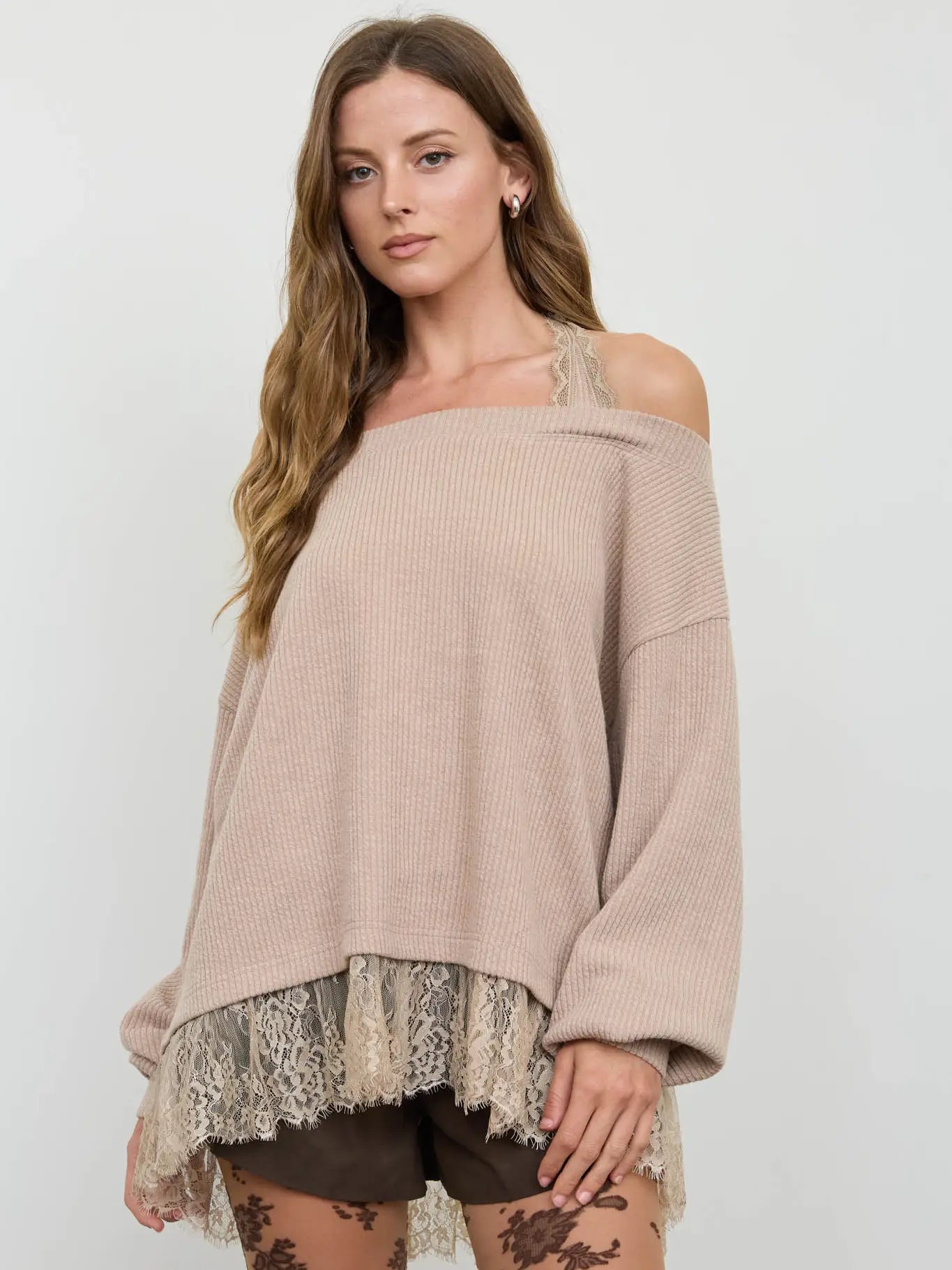 Layered Halter Lace Neck Off-Shoulder Knit Top