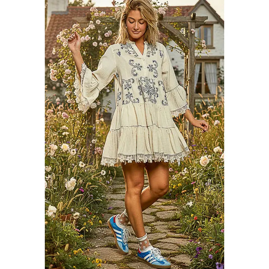 Embroidered  3/4 length lace sleeve dress