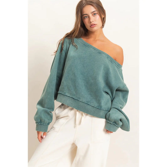 Raw Edge Acid Wash Off the Shoulder Sweatshirt