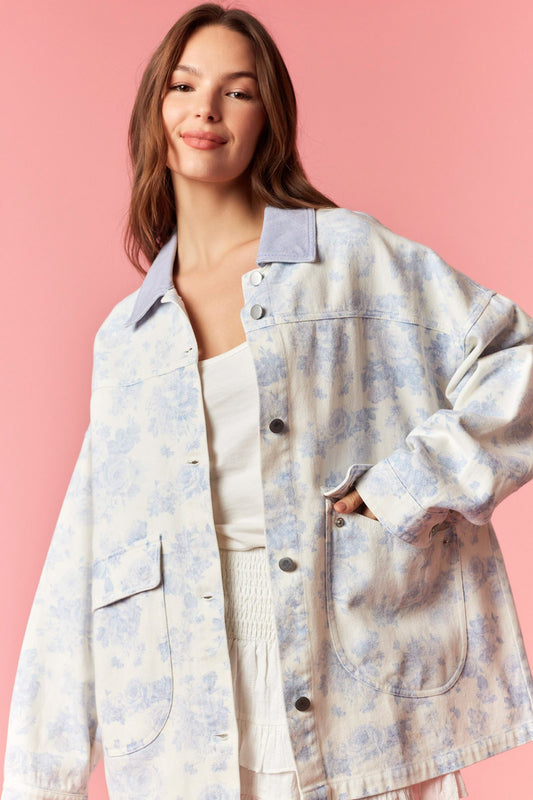 Floral Print Twill Denim Jacket With Solid Collar PREORDER 4/10