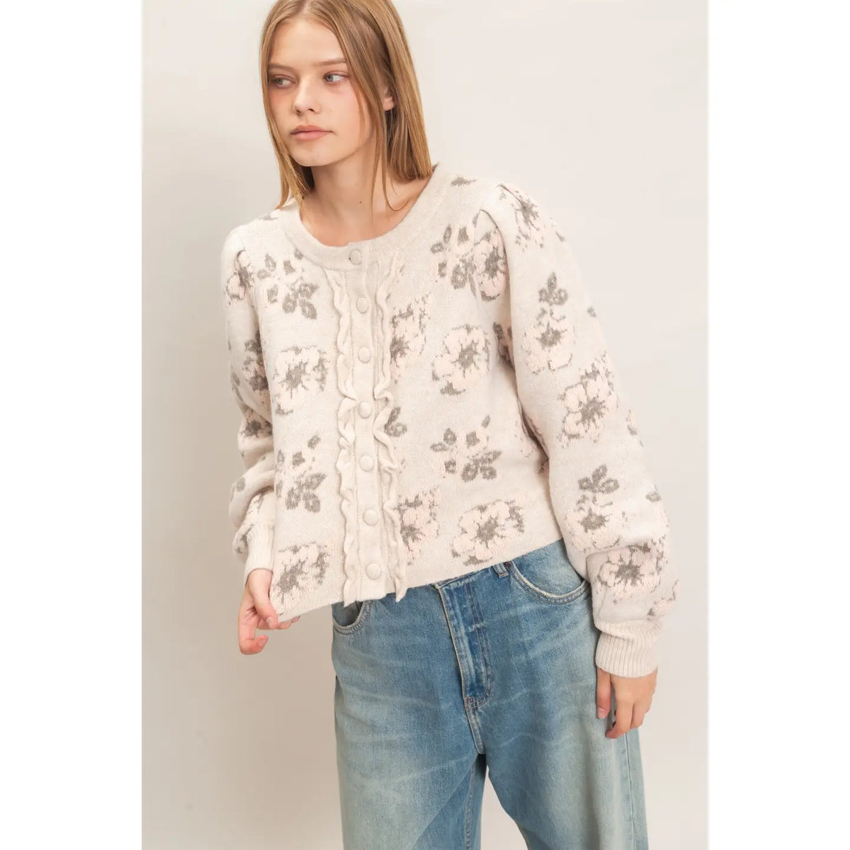 Floral Jacquard Ruffle Placket Cardigan