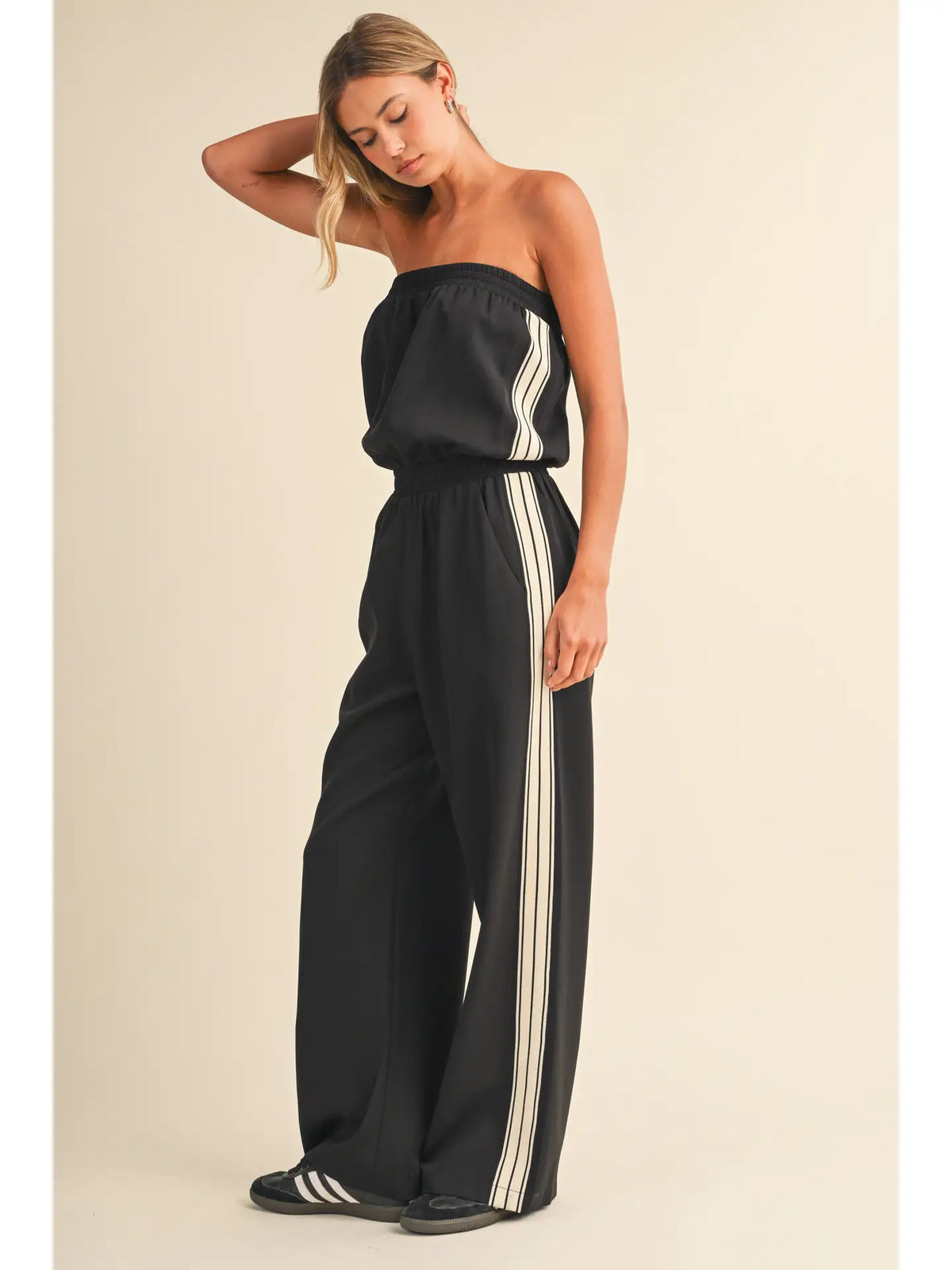 Strapless Stripe Trim Jumpsuit
