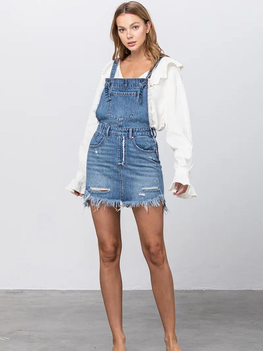 Frayed Hem Distressed Overall Denim Skirt
