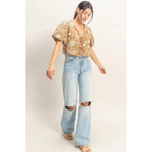 Floral Embroidered Tie-Front Top