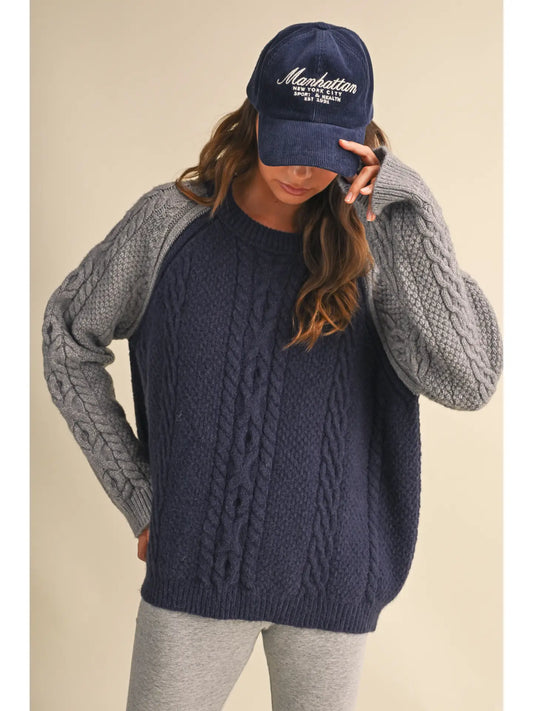 Color Block Mixed Cable Knit Sweater