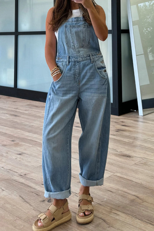 Dusk Blue Adjustable Buckle Straps Straight Leg Denim Overalls