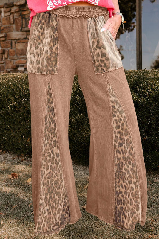 Mineral washed leopard patch work flare pant