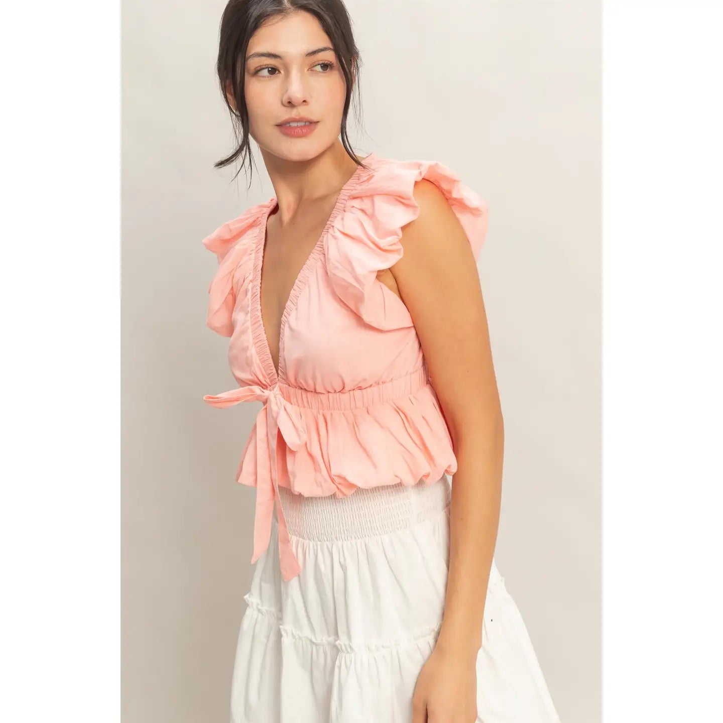 Ruched V-Neck Puff Sleeve Top