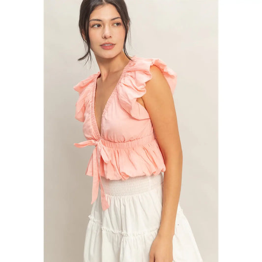Ruched V-Neck Puff Sleeve Top
