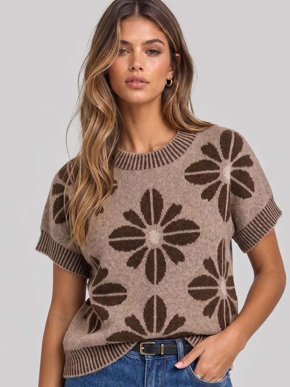 Floral Pattern Short Sleeve Sweater Top PREORDER 11/15
