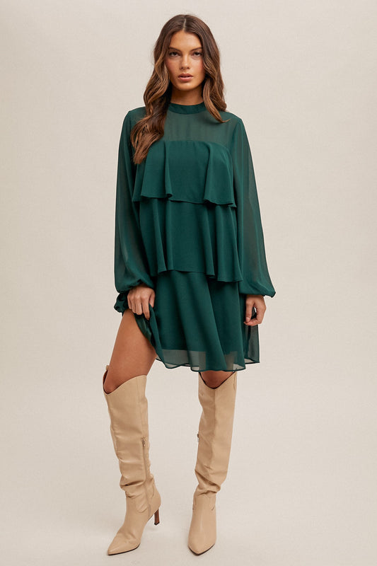 Hunter Green Ruffled Sleeved Dress