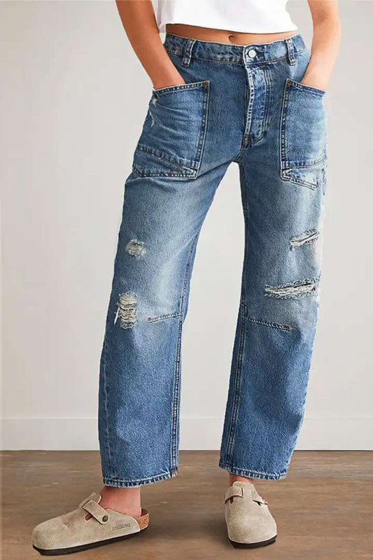 Distressed Barrel Jean Medium Wash