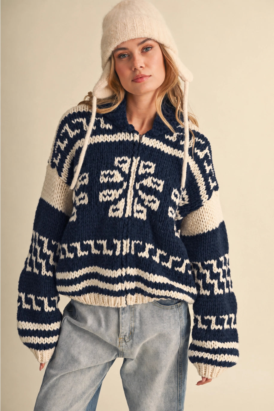 Pattern Chunky Zip Up Knit Jacket