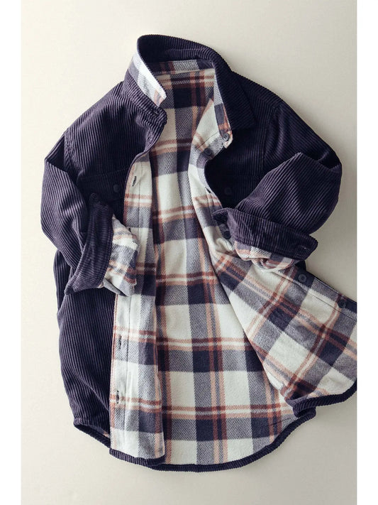 Black Plaid Lined Corduroy Flannel Shacket