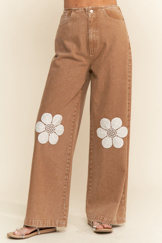Floral Embroidered Khaki Jean