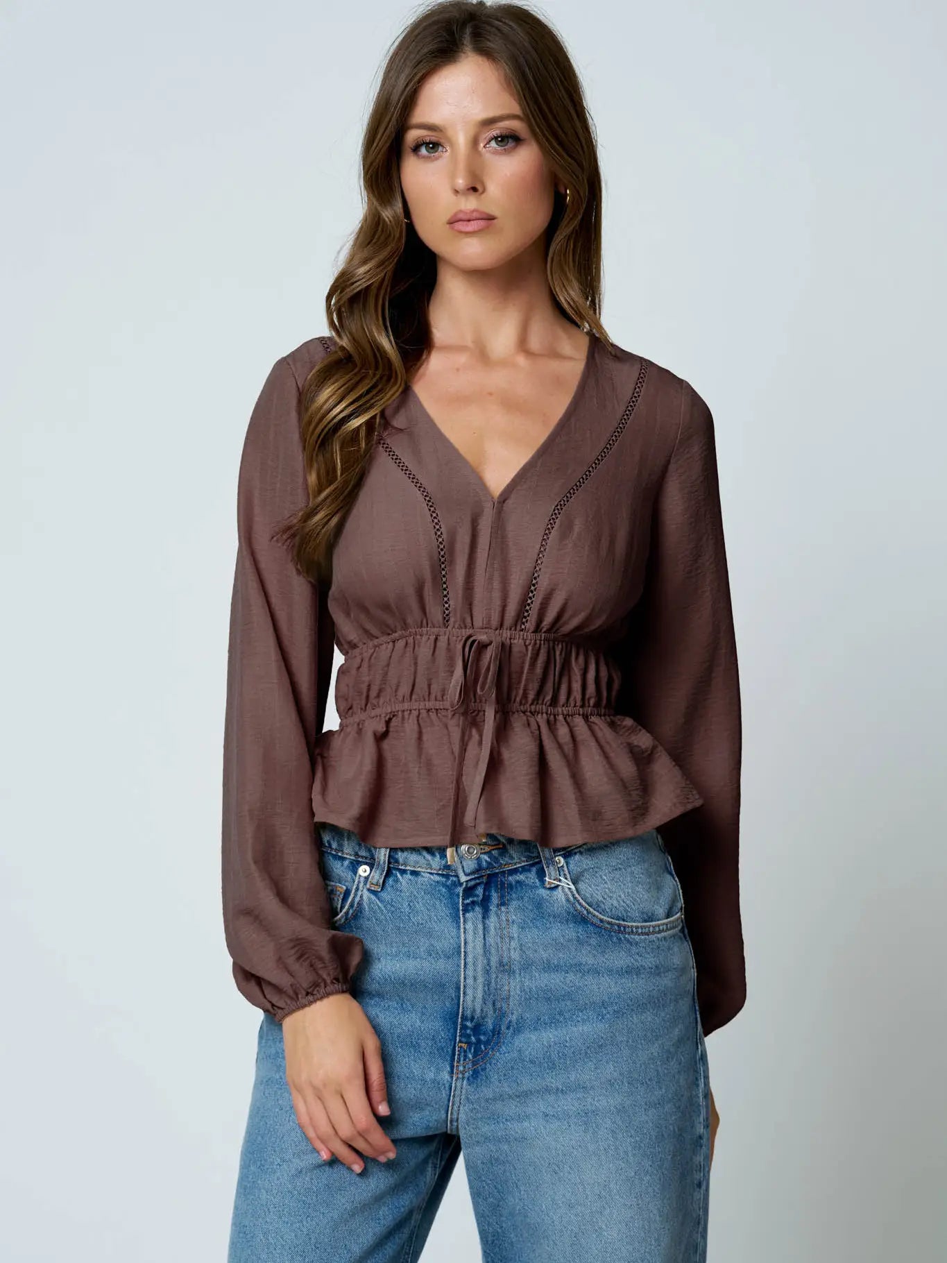 Ladder Lace Trim V Neck Long Sleeve Ruffle Hem Top