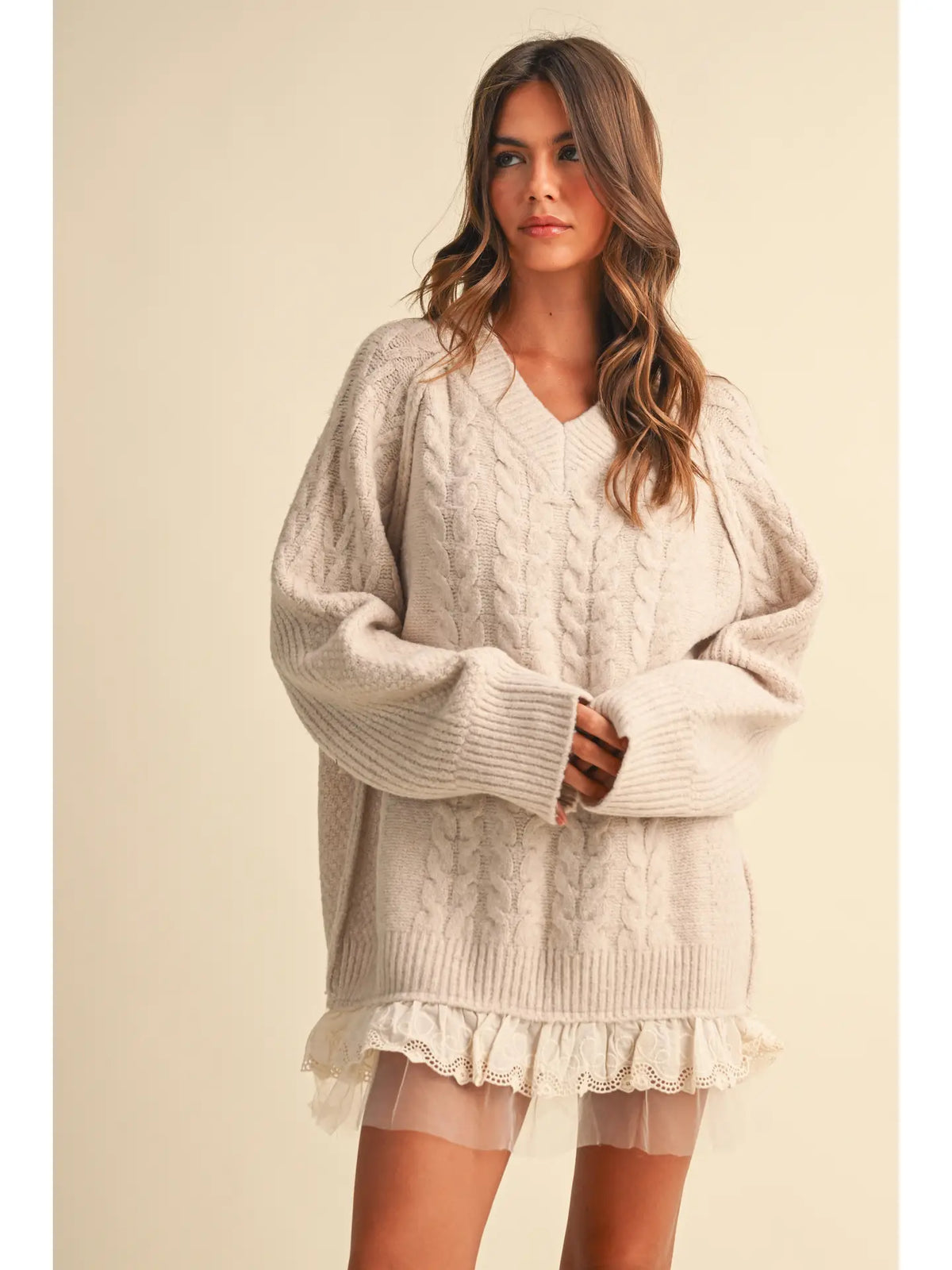 Cable Knit Sweater Dress With Lace Trim