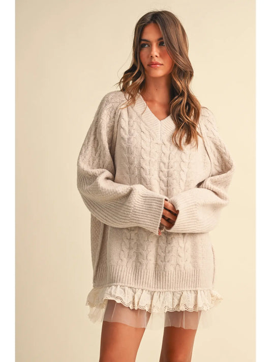 Cable Knit Sweater Dress With Lace Trim