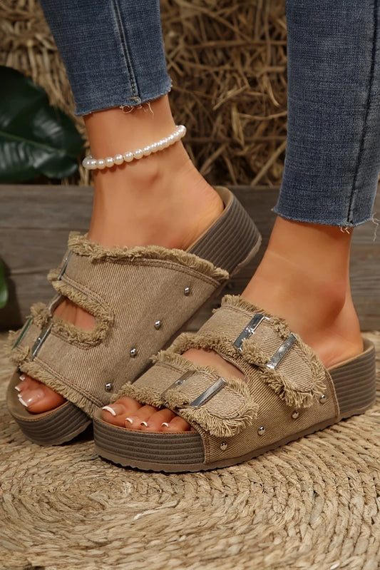 Khaki distressed Canvas  Platform Sandal