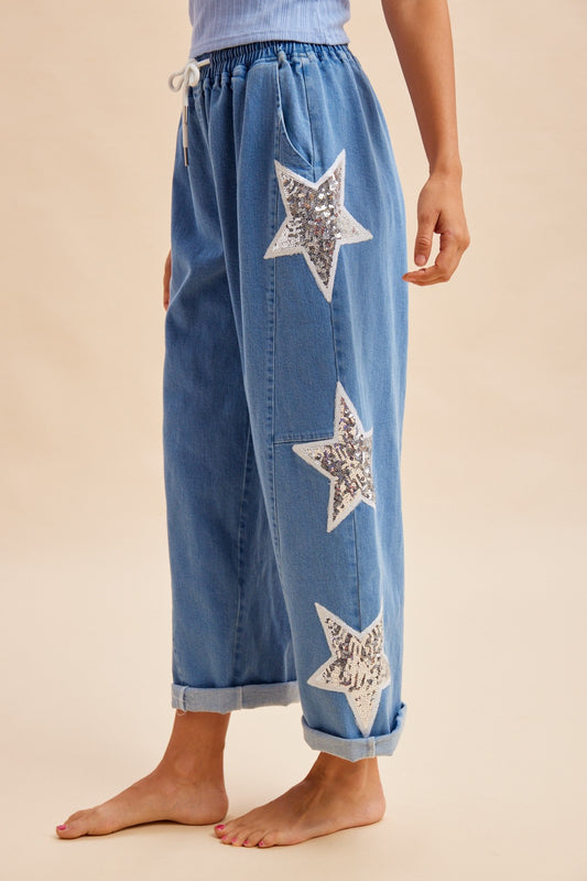 Sequin Star Patch Barrel Leg Pants