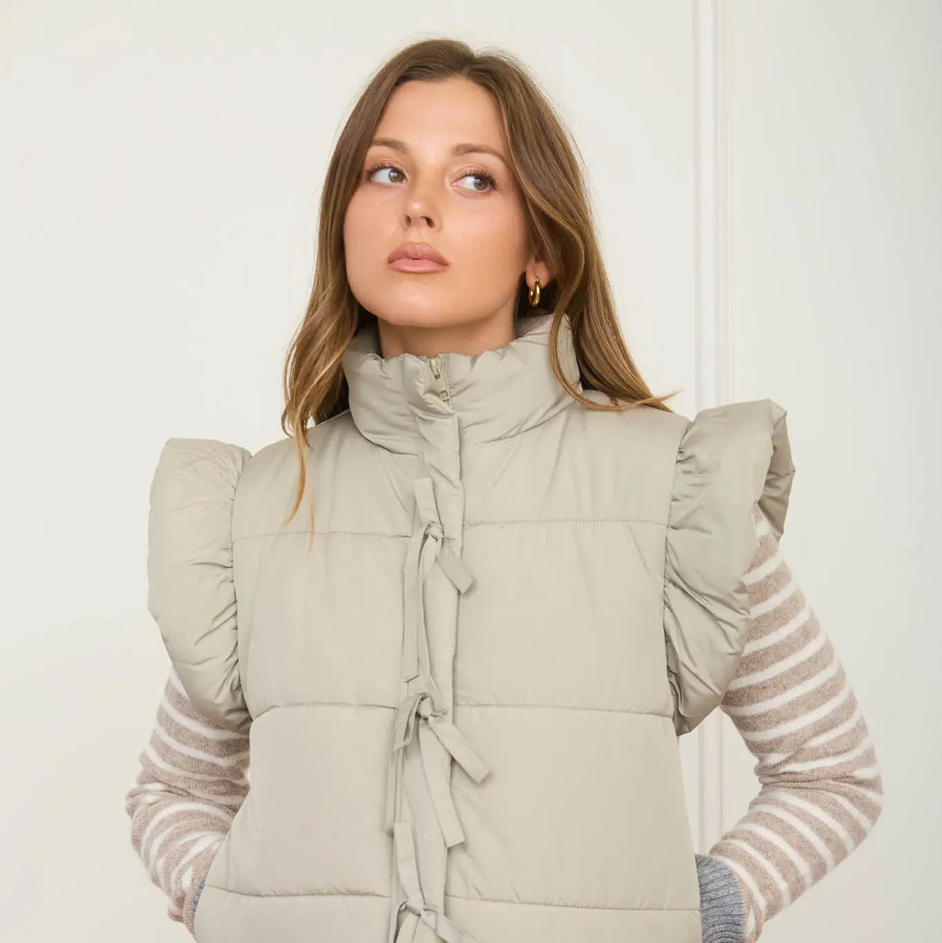 Flutter Sleeve Bow Detail Zip-Up Puffer Vest