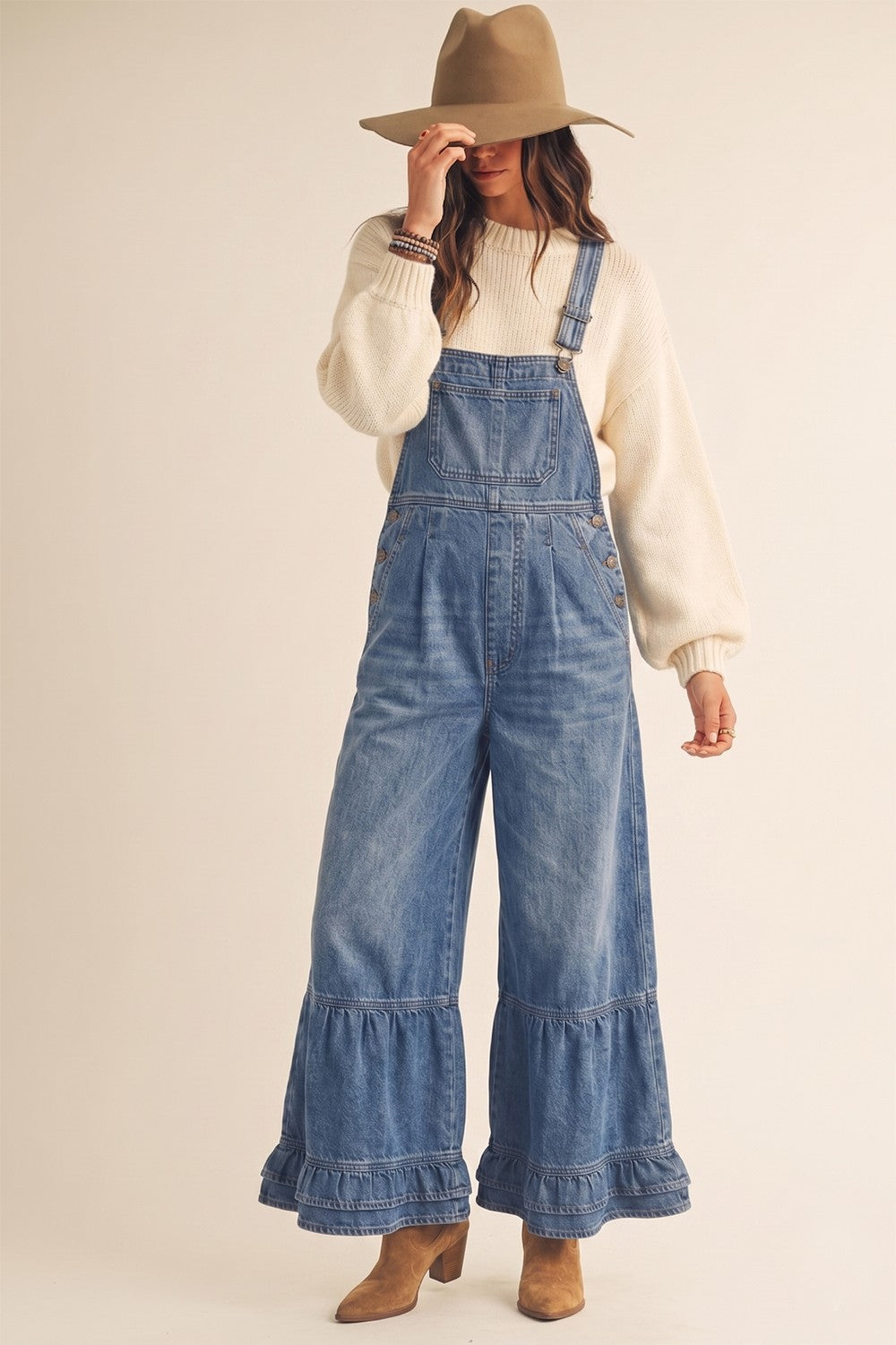 Ruffle Washed Wide Leg Denim Overalls PREORDER