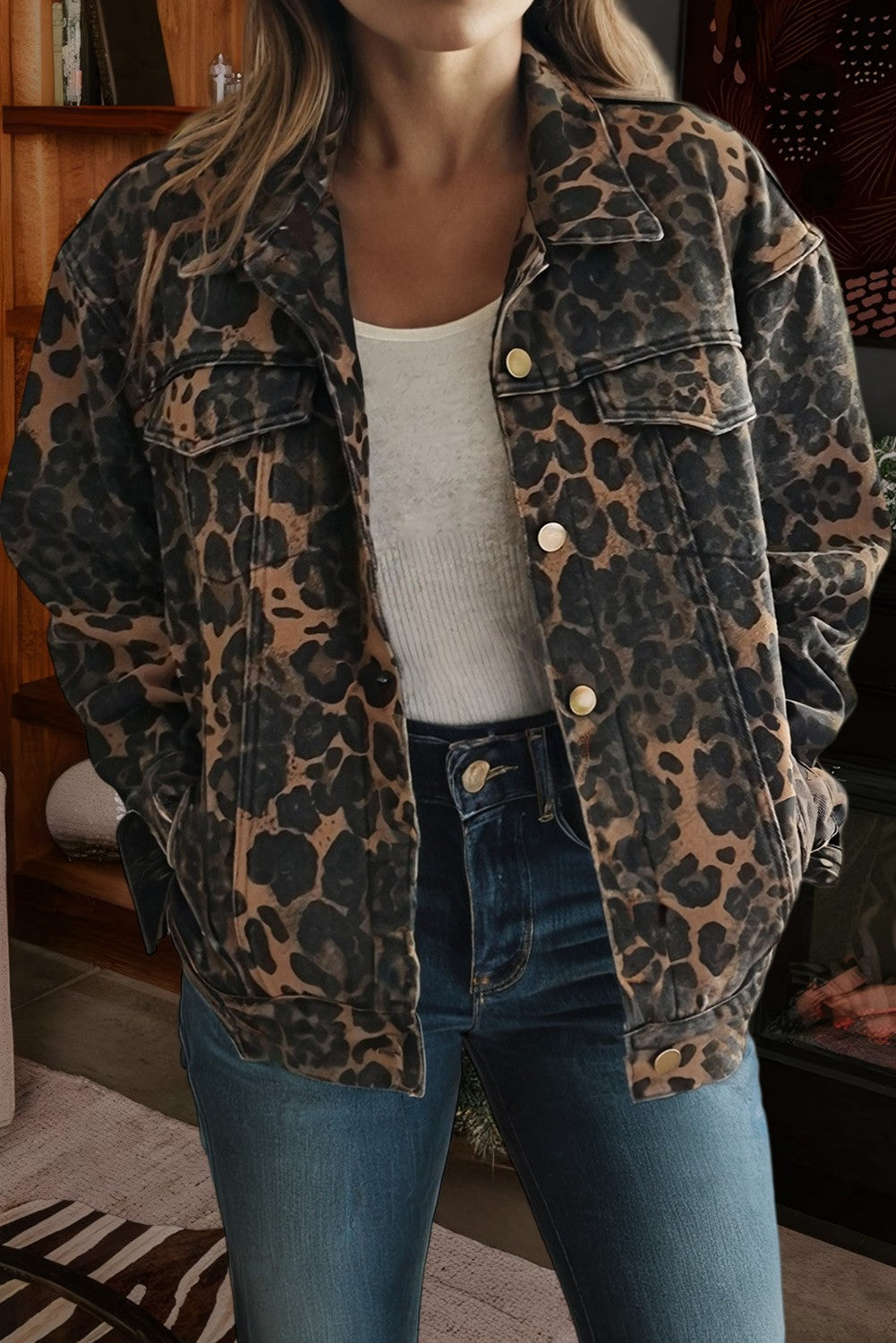 Retro Leopard Print Flap Pocket Denim Jacket