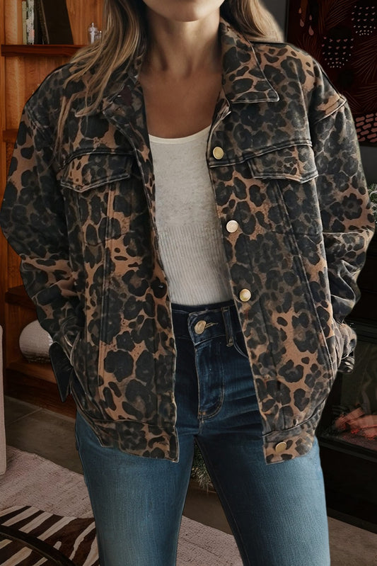 Retro Leopard Print Flap Pocket Denim Jacket
