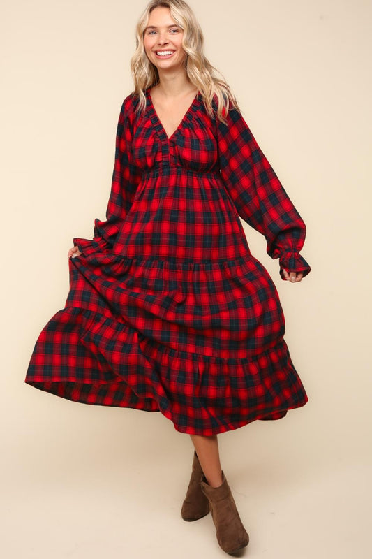 Plaid Puff Sleeve Long dress