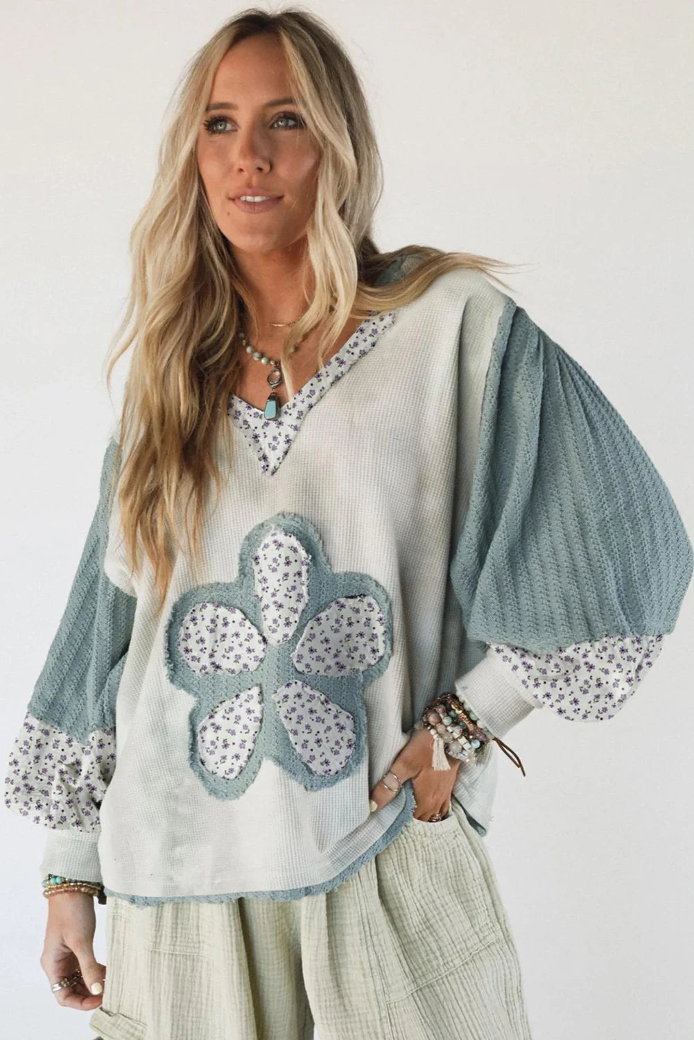 Green Floral Textured Colorblock Patchwork Lantern Sleeve Hooded Top