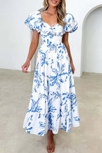 Load image into Gallery viewer, Blue and White Puff Sleeve Maxi Dress
