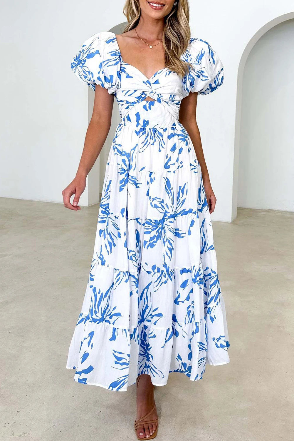 Blue and White Puff Sleeve Maxi Dress